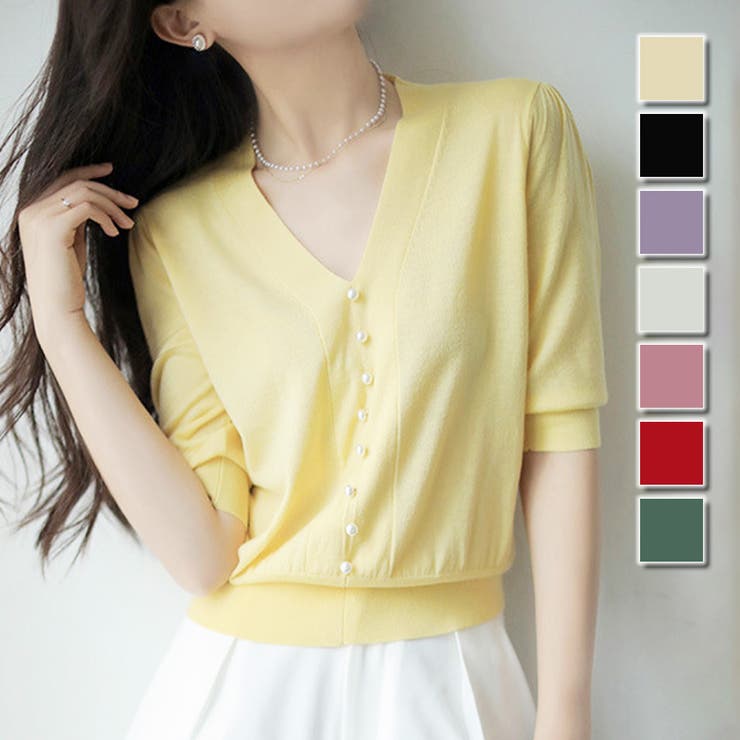 フェイクパールVネックニット 韓国ファッション 10代 | Dewlily | 詳細画像1 