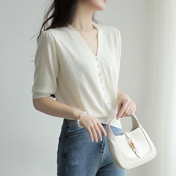 フェイクパールVネックニット 韓国ファッション 10代 | Dewlily | 詳細画像3 