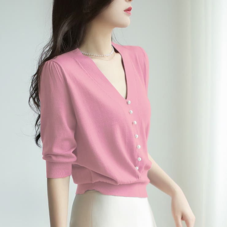 ピンク | フェイクパールVネックニット 韓国ファッション 10代 | Dewlily