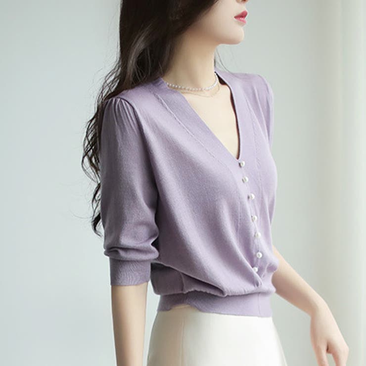 パープル | フェイクパールVネックニット 韓国ファッション 10代 | Dewlily