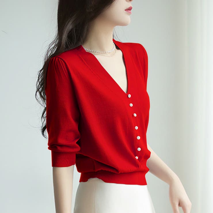 レッド | フェイクパールVネックニット 韓国ファッション 10代 | Dewlily