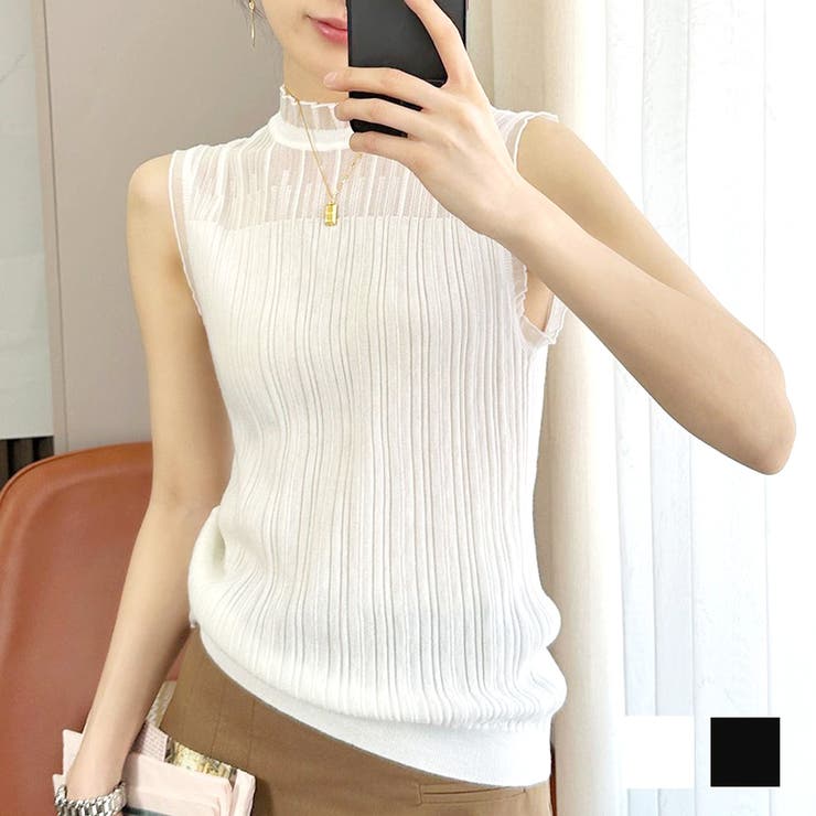 ルコック　韓国　ノースリーブニット　Mサイズ シアーフレンチノースリーブニット 韓国ファッション 10代[品番