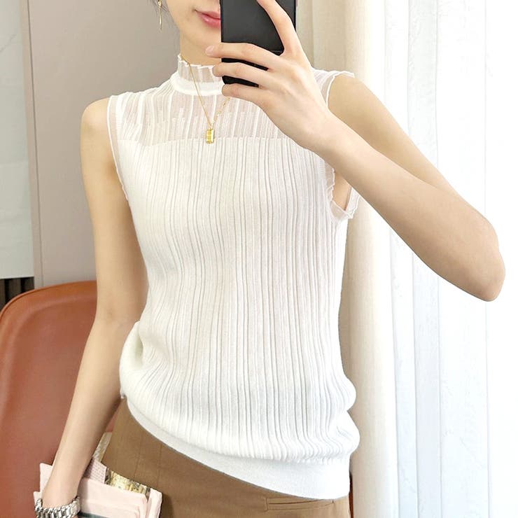 ホワイト | シアーフレンチノースリーブニット 韓国ファッション 10代 | Dewlily