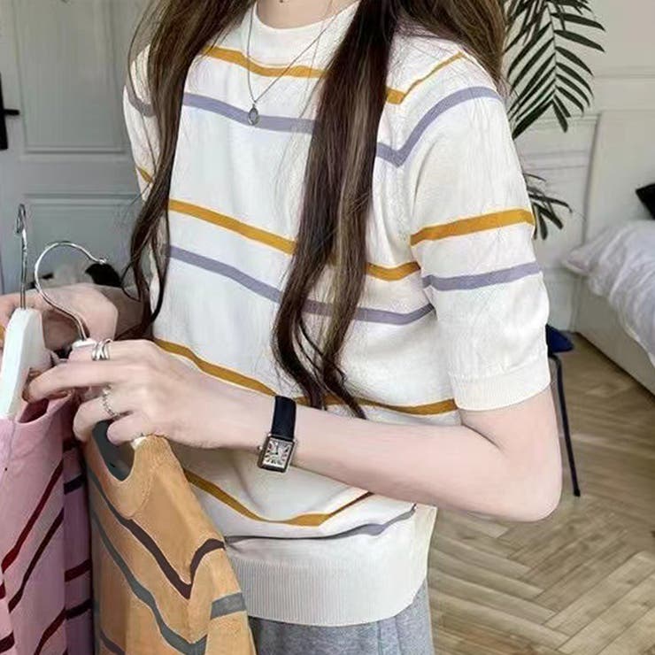 カラーボーダー半袖ニット 韓国ファッション 10代 | Dewlily | 詳細画像10 
