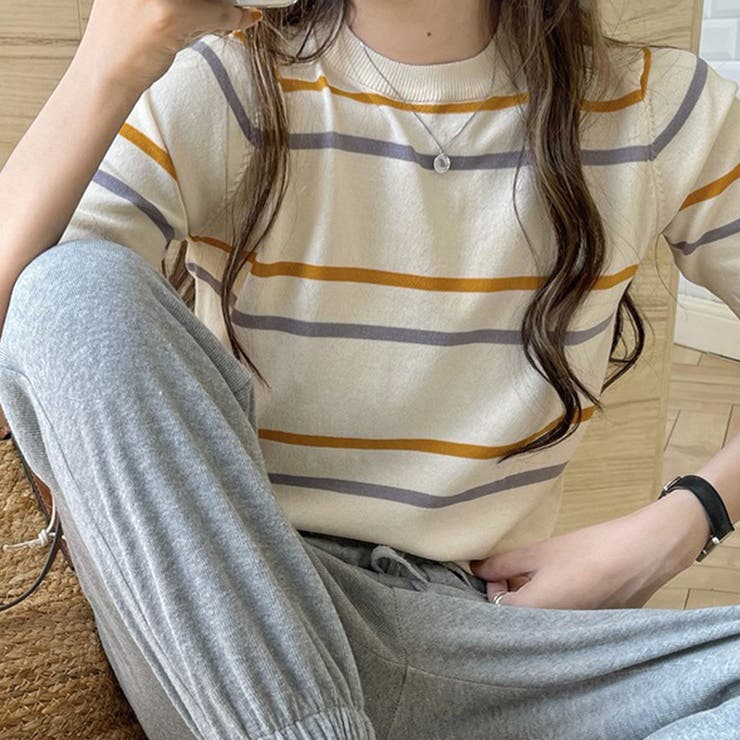 カラーボーダー半袖ニット 韓国ファッション 10代 | Dewlily | 詳細画像12 