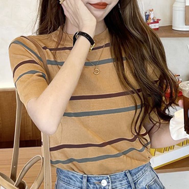 カラーボーダー半袖ニット 韓国ファッション 10代 | Dewlily | 詳細画像2 