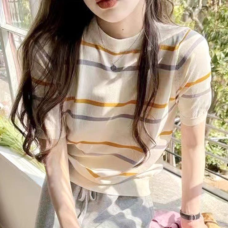 カラーボーダー半袖ニット 韓国ファッション 10代 | Dewlily | 詳細画像4 