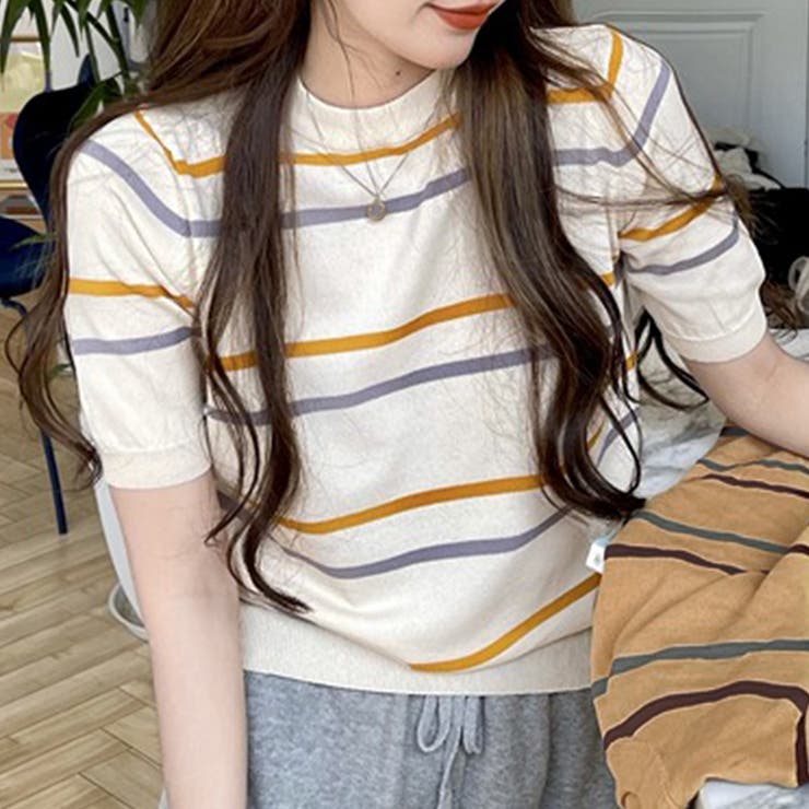 カラーボーダー半袖ニット 韓国ファッション 10代 | Dewlily | 詳細画像6 