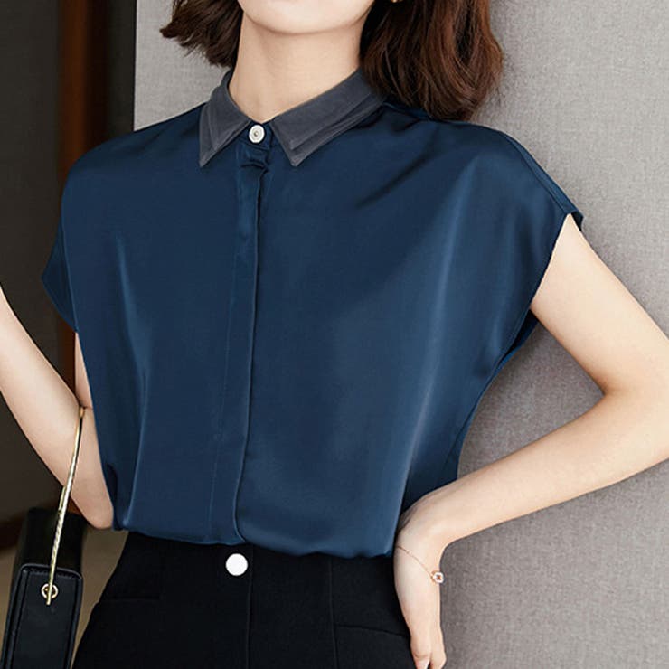 ブルー | サテン風ブラウス 韓国ファッション 10代 | Dewlily