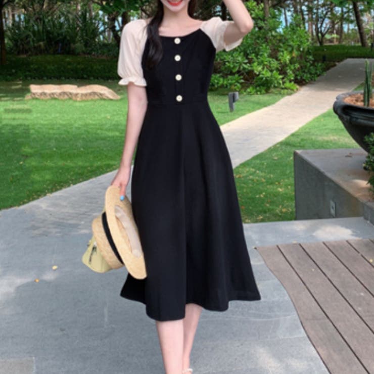 ブラック | パフスリーブワンピース 韓国ファッション 10代 | Dewlily