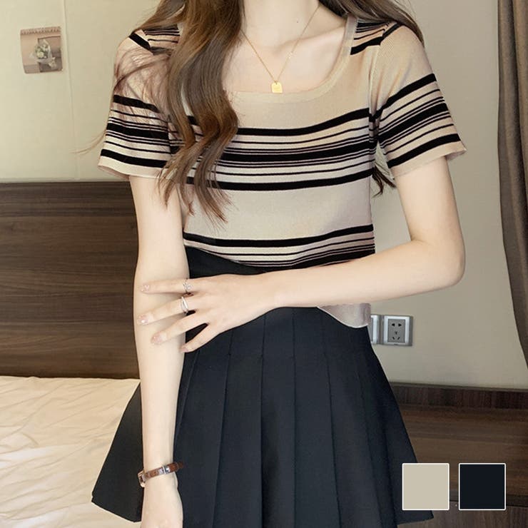 スクエアネック半袖ニット 韓国ファッション 10代 | Dewlily | 詳細画像1 