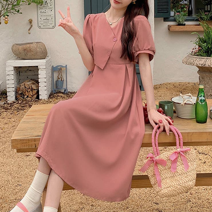 ☆韓国系ファッション パフスリーブワンピース インスタ映え ワンピース スクエアネック パフスリーブ フリル 半袖 ハイ
