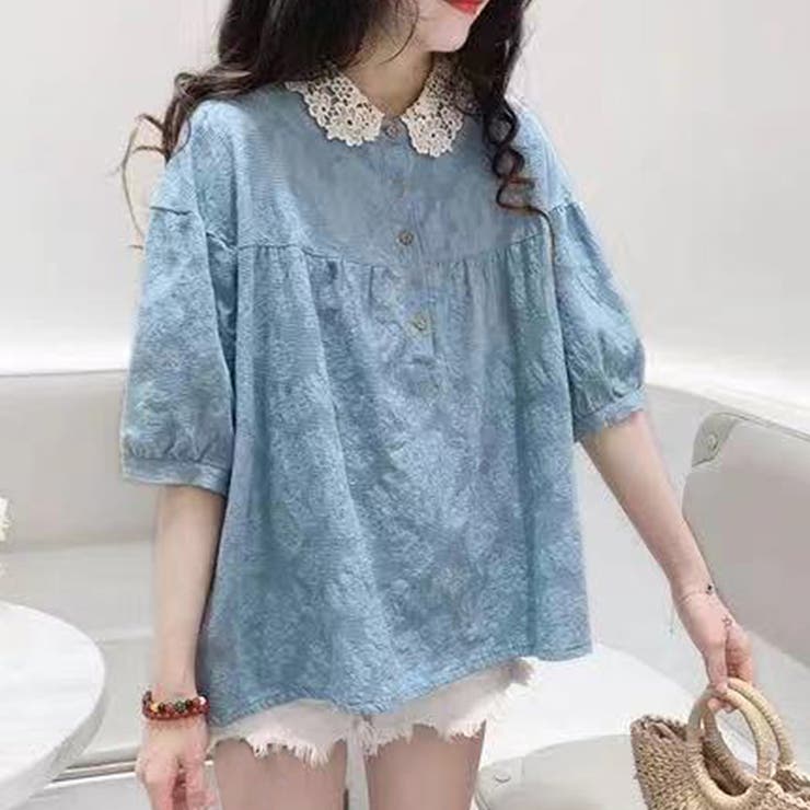 ブルー | レース襟刺繍ブラウス 韓国ファッション 10代 | Dewlily