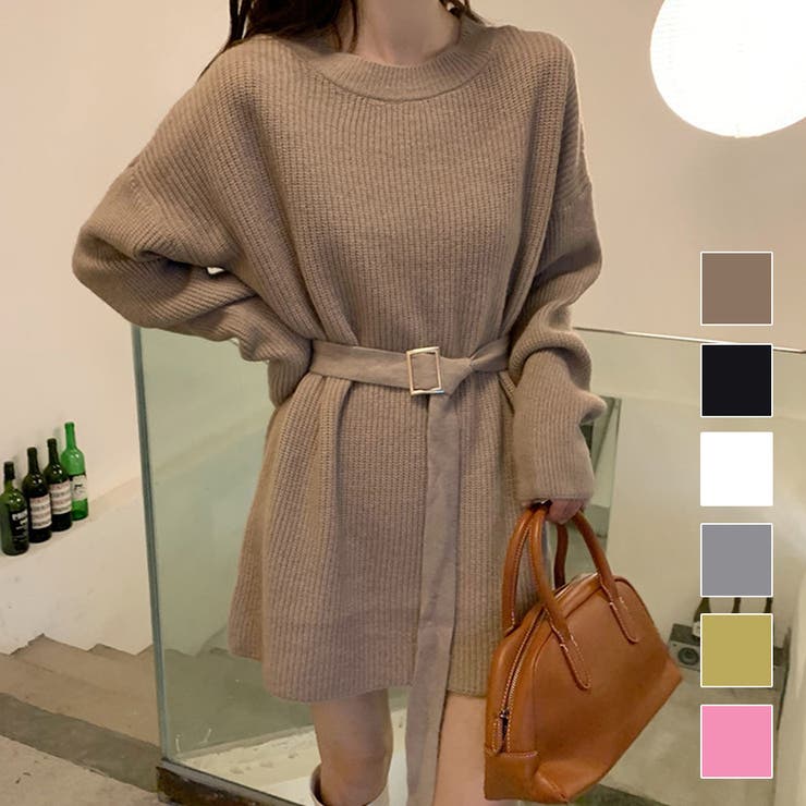 ベルト付きニットチュニック 秋 冬[品番：AMSW1777724]｜Dewlily