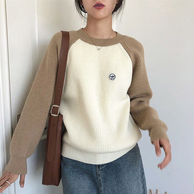 ブラウン | 配色スリーブ切り替えニット 秋 冬 | Dewlily