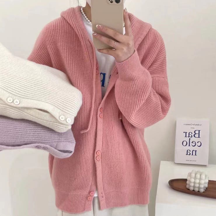 ピンク | フード付きカーディガン 秋 冬 | Dewlily