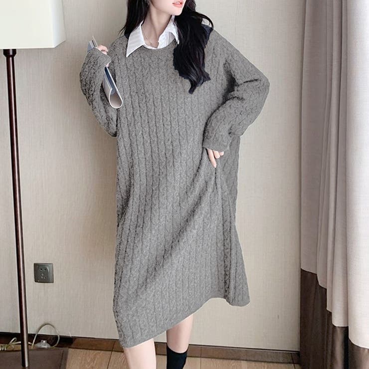 グレー | ボトルネックリブニットワンピース レディース 10代 | Dewlily