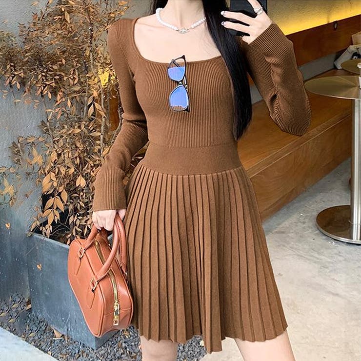 ブラウン | ニットプリーツワンピース レディース 10代 | Dewlily
