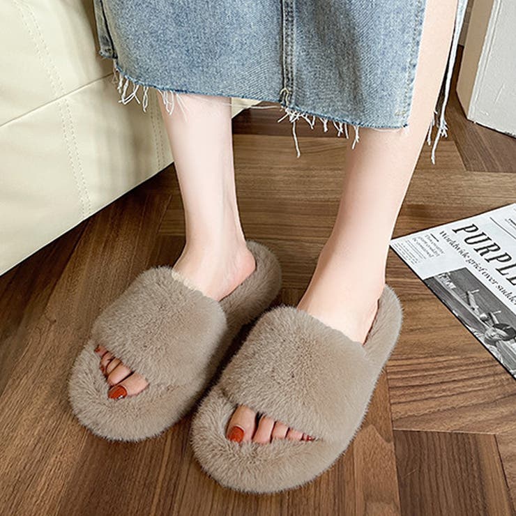 ベージュ | フェイクファールームサンダル レディース 10代 | Dewlily