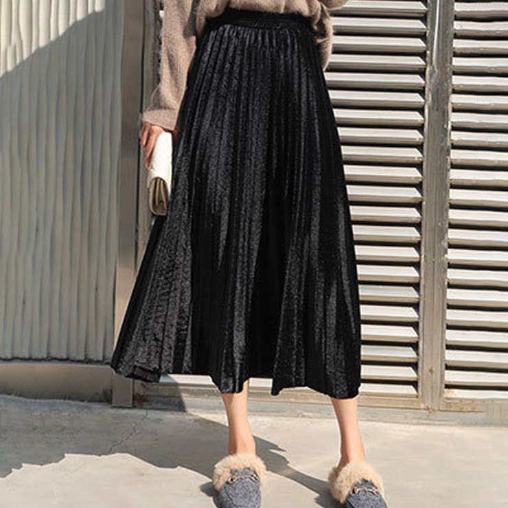 ブラック | ベロアプリーツロングスカート レディース 10代 | Dewlily