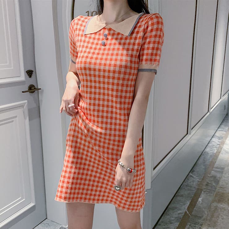 オレンジ | チェック柄ミニワンピース レディース 10代 | Dewlily