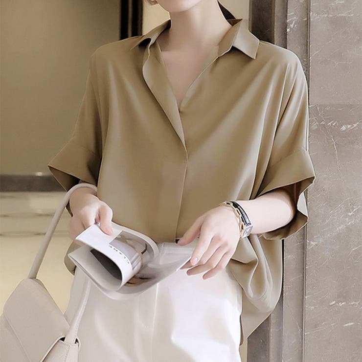 ベージュ | スキッパーシャツブラウス レディース 10代 | Dewlily