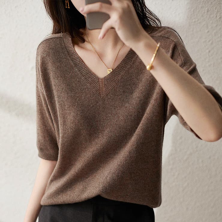 ブラウン | 五分丈半袖サマーニット レディース 10代 | Dewlily