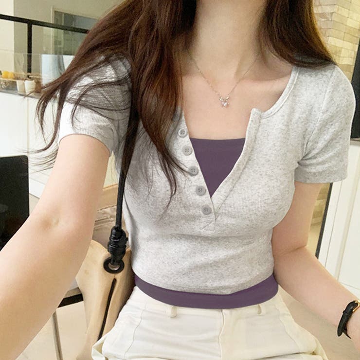 グレー | バイカラードッキングTシャツ レディース 10代 | Dewlily