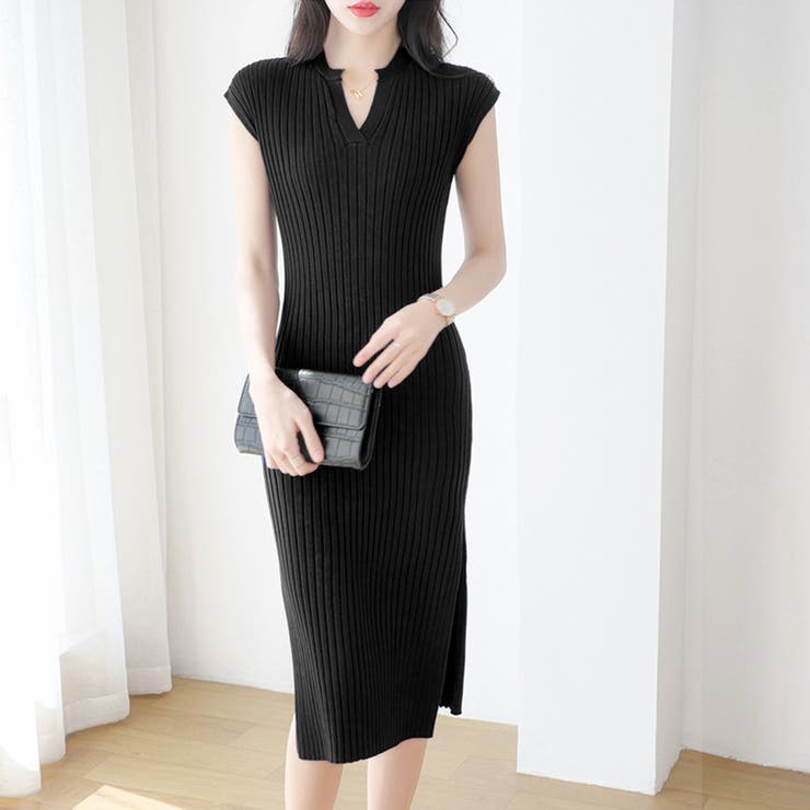 ブラック | フレンチスリーブサマーニットワンピース レディース 10代 | Dewlily