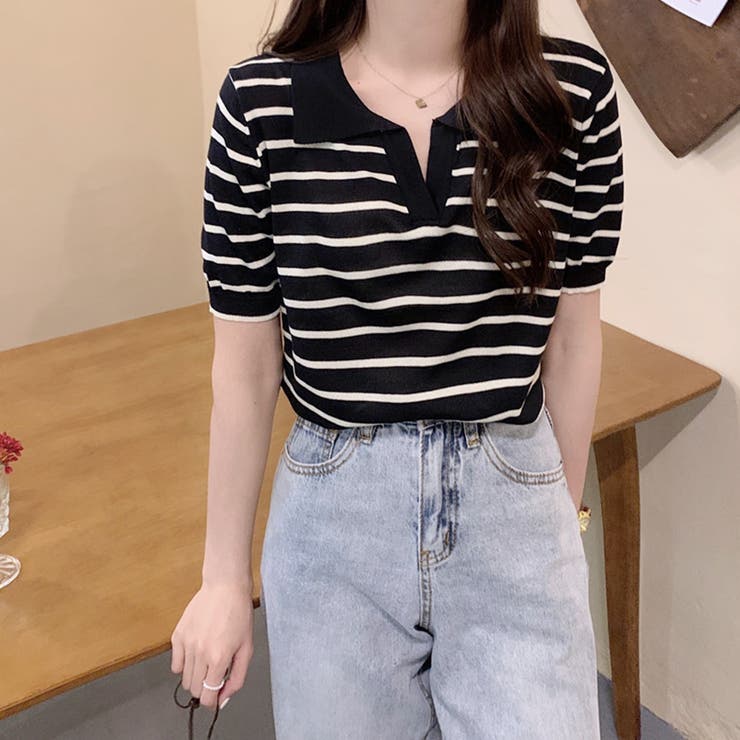 スキッパーボーダー半袖ニット レディース 10代 | Dewlily | 詳細画像2 