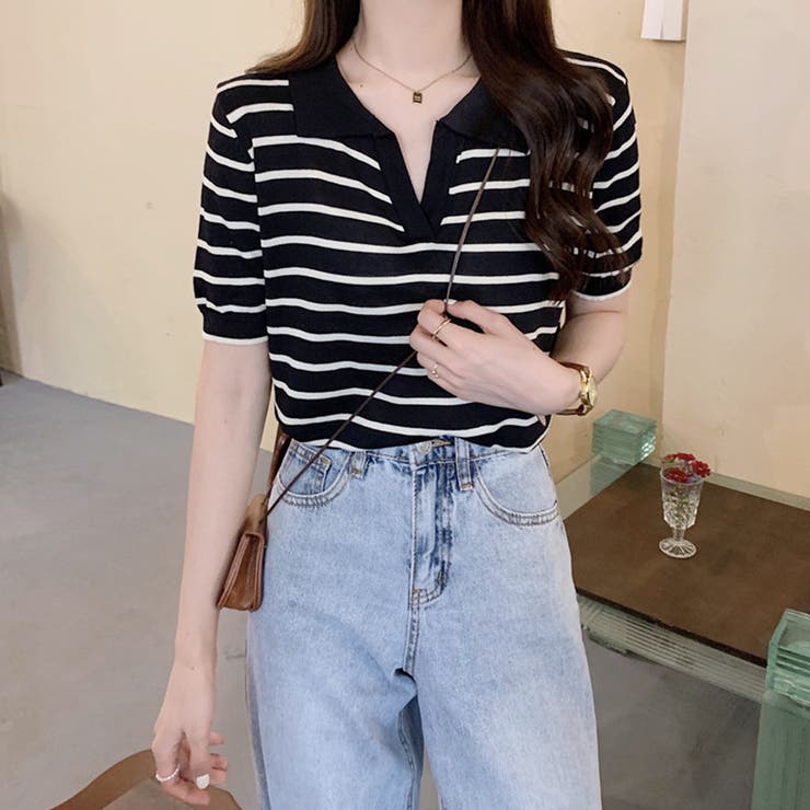 スキッパーボーダー半袖ニット レディース 10代 | Dewlily | 詳細画像4 