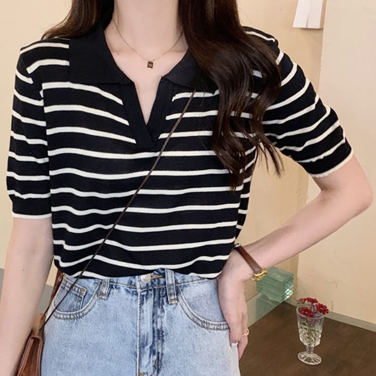 スキッパーボーダー半袖ニット レディース 10代 | Dewlily | 詳細画像7 