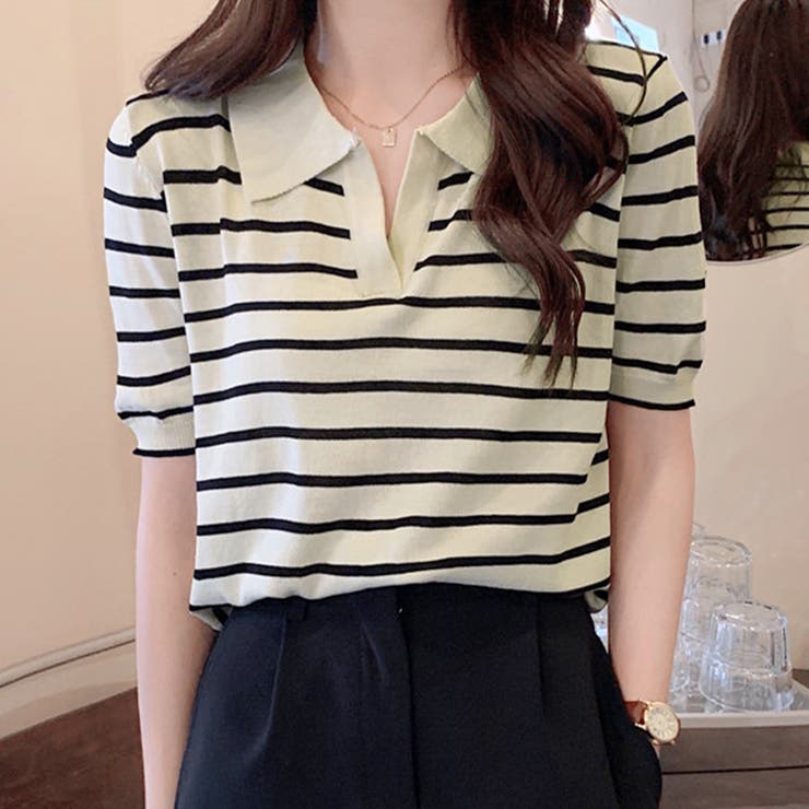 ホワイト | スキッパーボーダー半袖ニット レディース 10代 | Dewlily