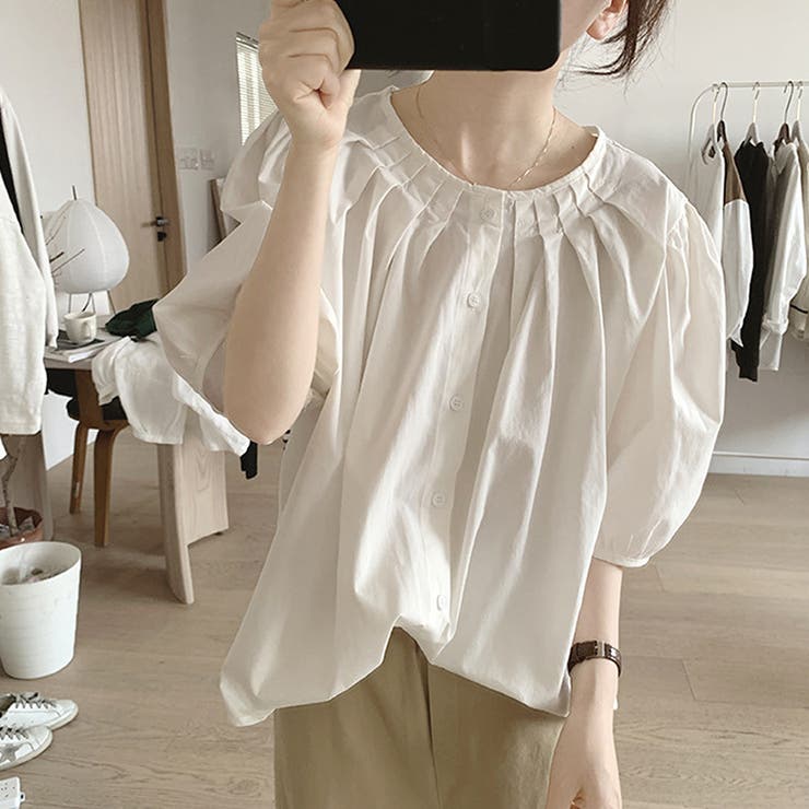 ホワイト | パフスリーブタックブラウス レディース 10代 | Dewlily