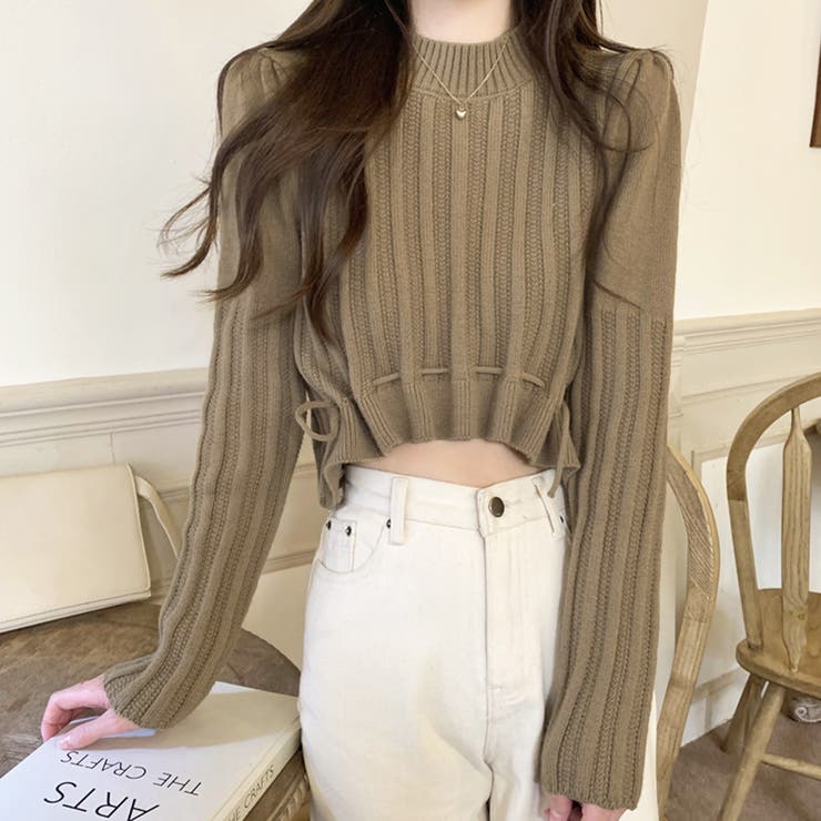 ベージュ | 裾リボンクロップドニット 10代 20代 | Dewlily