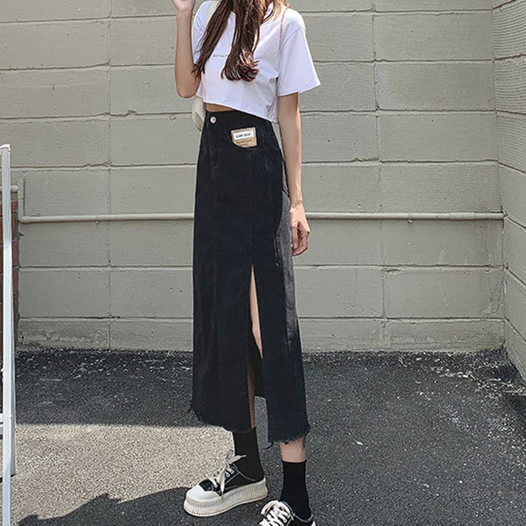 デニム風ロングスリットスカート 10代 20代[品番：AMSW1778067