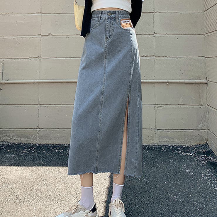 ブルー | デニム風ロングスリットスカート 10代 20代 | Dewlily