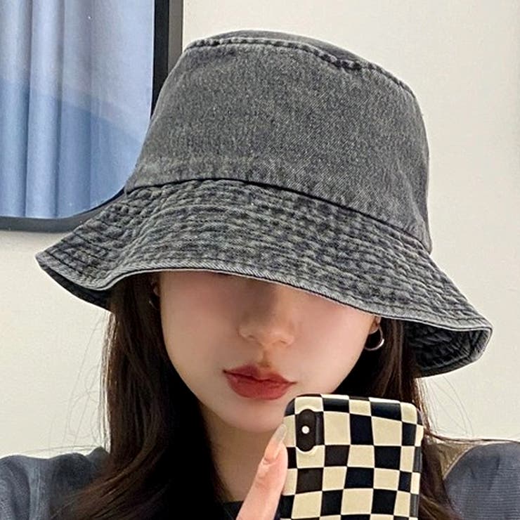 ブラック | デニム風つば広バケットハット 10代 20代 | Dewlily