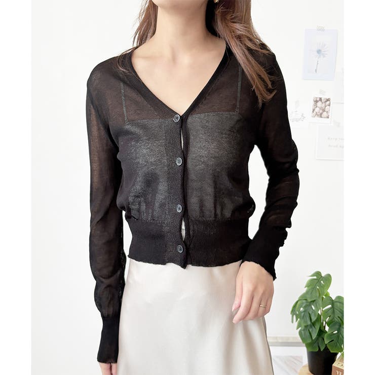 ブラック | Vネックシースルーカーディガン レディース 韓国 | Dewlily