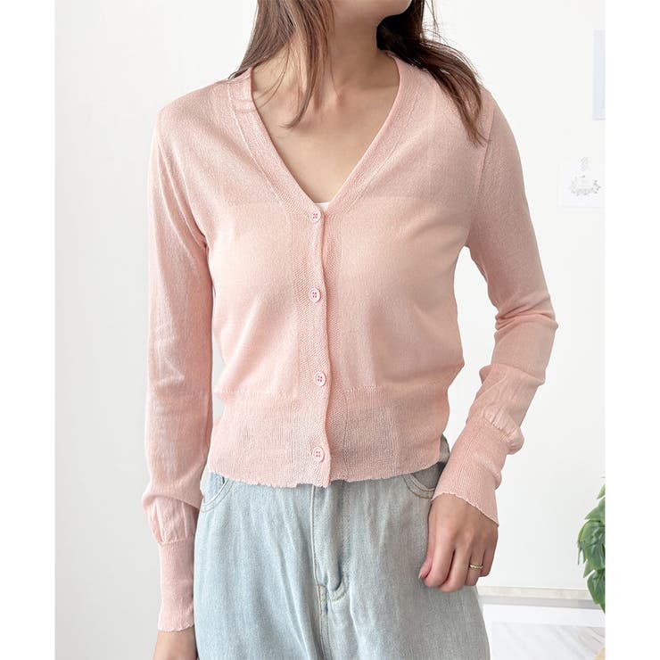 ピンク | Vネックシースルーカーディガン レディース 韓国 | Dewlily