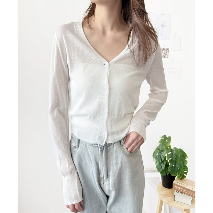 ホワイト | Vネックシースルーカーディガン レディース 韓国 | Dewlily