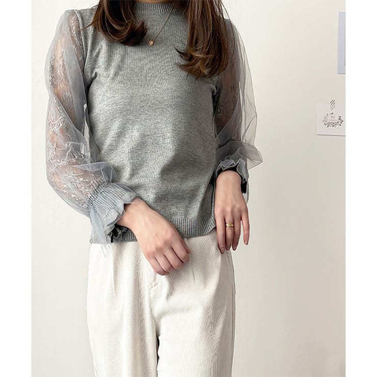 グレー | レーススリーブニット レディース ニット | Dewlily