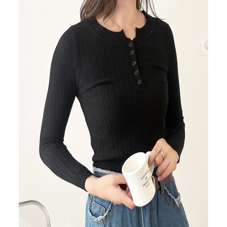 ブラック | 長袖リブニットトップス レディース ニット | Dewlily