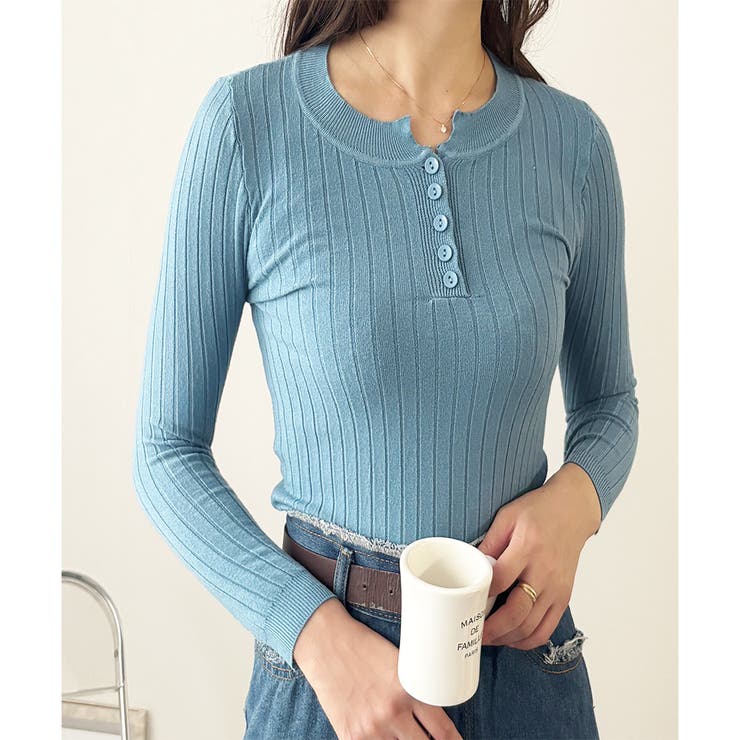 ブルー | 長袖リブニットトップス レディース ニット | Dewlily