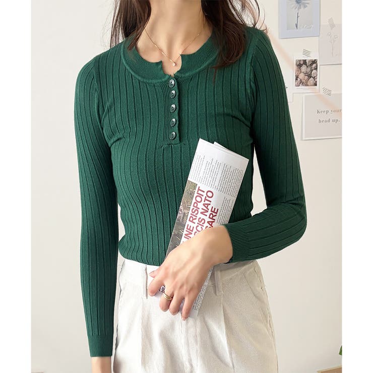 グリーン | 長袖リブニットトップス レディース ニット | Dewlily