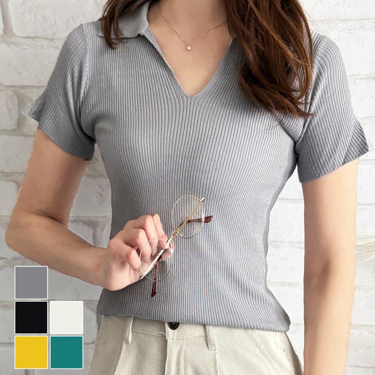 スキッパー半袖ポロニット レディース 韓国 | Dewlily | 詳細画像1 