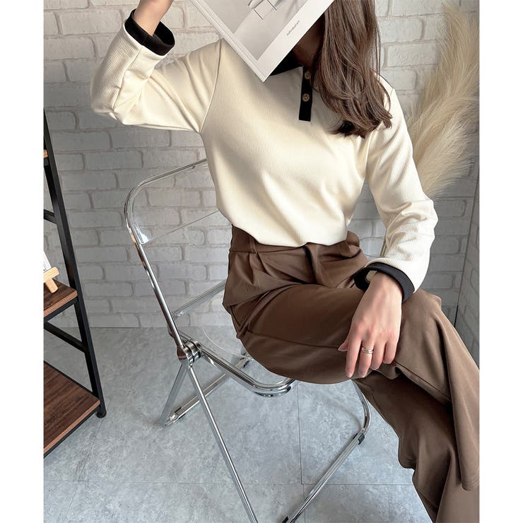 襟付きバイカラーリブトップス レディース トップス | Dewlily | 詳細画像2 