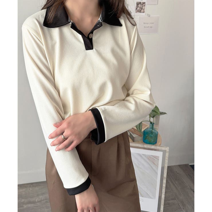 襟付きバイカラーリブトップス レディース トップス | Dewlily | 詳細画像9 