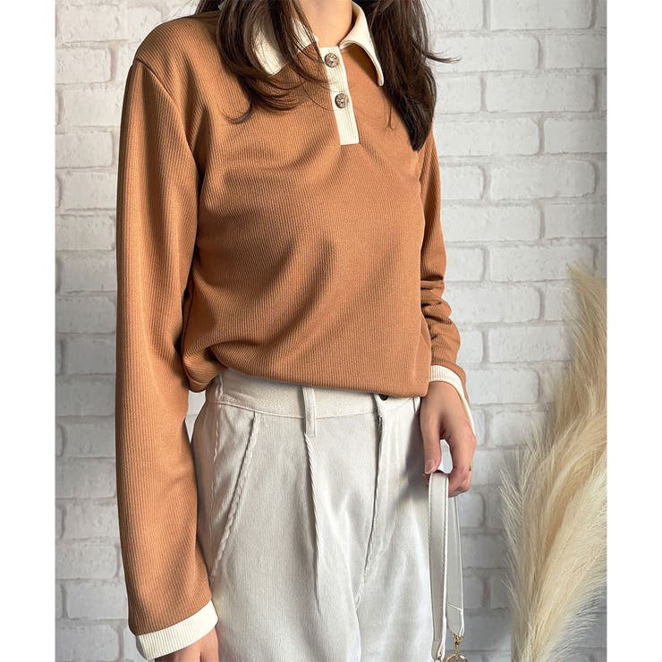 ブラウン | 襟付きバイカラーリブトップス レディース トップス | Dewlily