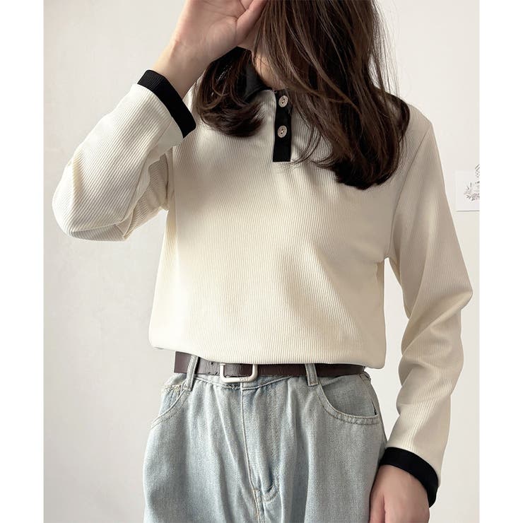 アイボリー | 襟付きバイカラーリブトップス レディース トップス | Dewlily